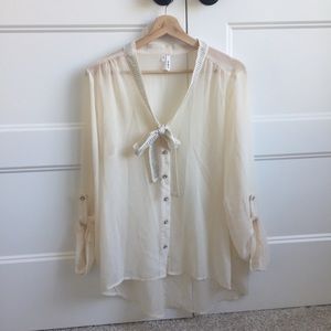 Womens Sheer Ivory Work Blouse Tie Front Large